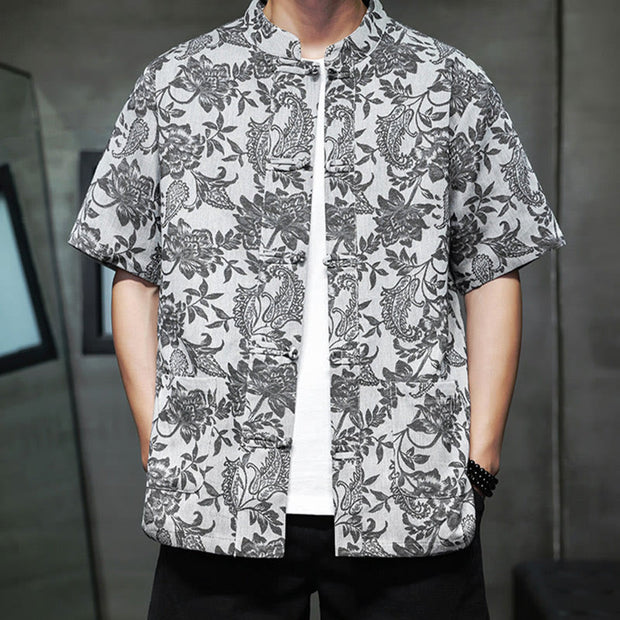 Buddha Stones Casual Jacquard Paisley Flower Plant Pattern Frog-Button Design Men's Cotton Shirt Cardigan With Pockets
