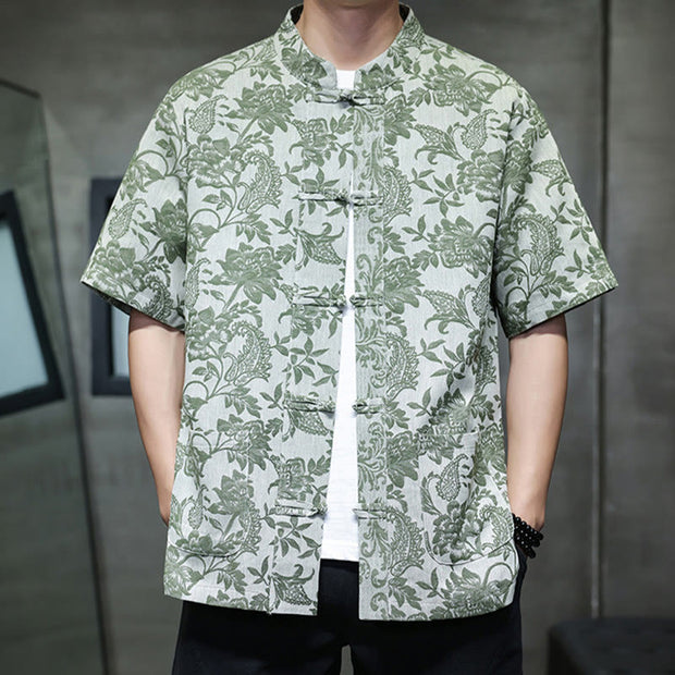 Buddha Stones Casual Jacquard Paisley Flower Plant Pattern Frog-Button Design Men's Cotton Shirt Cardigan With Pockets