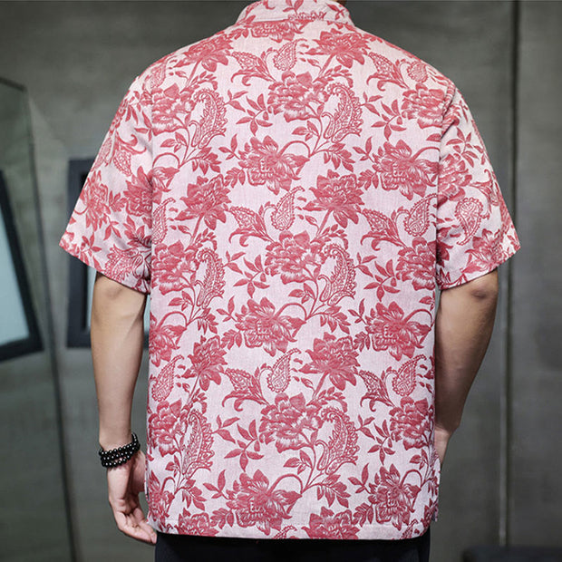 Buddha Stones Casual Jacquard Paisley Flower Plant Pattern Frog-Button Design Men's Cotton Shirt Cardigan With Pockets