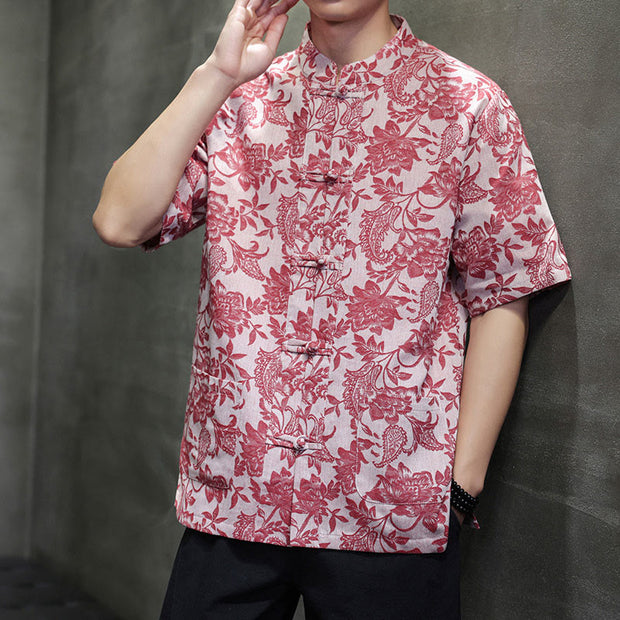 Buddha Stones Casual Jacquard Paisley Flower Plant Pattern Frog-Button Design Men's Cotton Shirt Cardigan With Pockets
