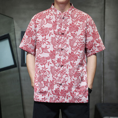 Buddha Stones Casual Jacquard Paisley Flower Plant Pattern Frog-Button Design Men's Cotton Shirt Cardigan With Pockets