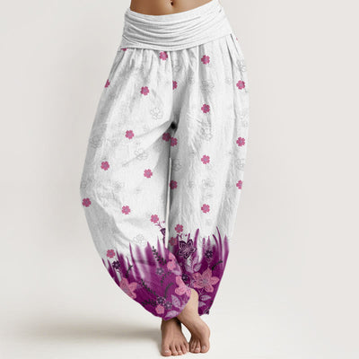 Buddha Stones Casual Floral Leaf Grass Pattern Women's Elastic Waist Harem Pants