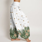 Buddha Stones Casual Floral Leaf Grass Pattern Women's Elastic Waist Harem Pants