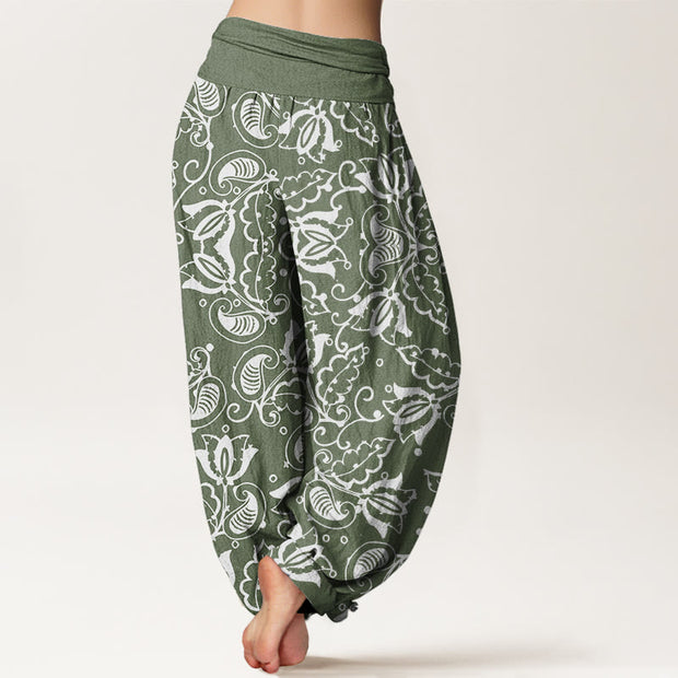 Buddha Stones Casual Plant Leaves Paisley Vortex Pattern Women's Elastic Waist Harem Pants