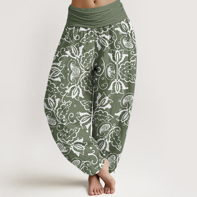 Buddha Stones Casual Plant Leaves Paisley Vortex Pattern Women's Elastic Waist Harem Pants