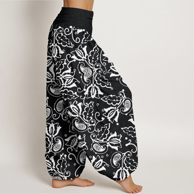 Buddha Stones Casual Plant Leaves Paisley Vortex Pattern Women's Elastic Waist Harem Pants