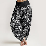 Buddha Stones Casual Plant Leaves Paisley Vortex Pattern Women's Elastic Waist Harem Pants - Black - US22，UK/AU26，EU54 (6XL) - image 8