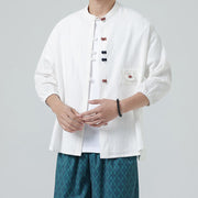 Buddha Stones Summer Frog-Button Front Stand Collar Men's Three Quarter Sleeve Cotton Shirt Cardigan With Pocket