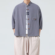 Buddha Stones Summer Frog-Button Front Stand Collar Men's Three Quarter Sleeve Cotton Shirt Cardigan With Pocket