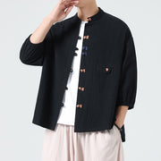 Buddha Stones Summer Frog-Button Front Stand Collar Men's Three Quarter Sleeve Cotton Shirt Cardigan With Pocket