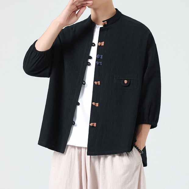 Buddha Stones Summer Frog-Button Front Stand Collar Men's Three Quarter Sleeve Cotton Shirt Cardigan With Pocket