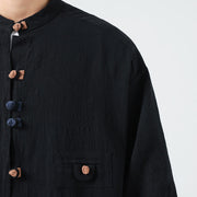 Buddha Stones Summer Frog-Button Front Stand Collar Men's Three Quarter Sleeve Cotton Shirt Cardigan With Pocket