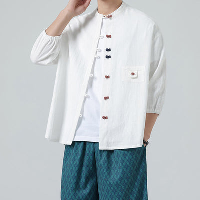Buddha Stones Summer Frog-Button Front Stand Collar Men's Three Quarter Sleeve Cotton Shirt Cardigan With Pocket