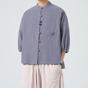 Buddha Stones Summer Frog-Button Front Stand Collar Men's Three Quarter Sleeve Cotton Shirt Cardigan With Pocket