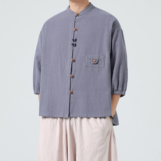 Buddha Stones Summer Frog-Button Front Stand Collar Men's Three Quarter Sleeve Cotton Shirt Cardigan With Pocket