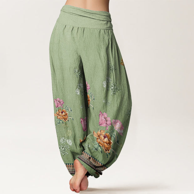 Buddha Stones Casual Plant Peony Petals Pattern Women's Elastic Waist Harem Pants - image 3