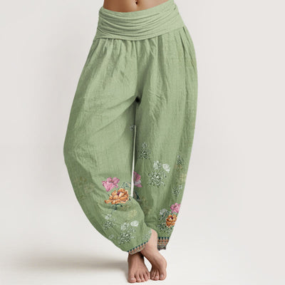 Buddha Stones Casual Plant Peony Petals Pattern Women's Elastic Waist Harem Pants