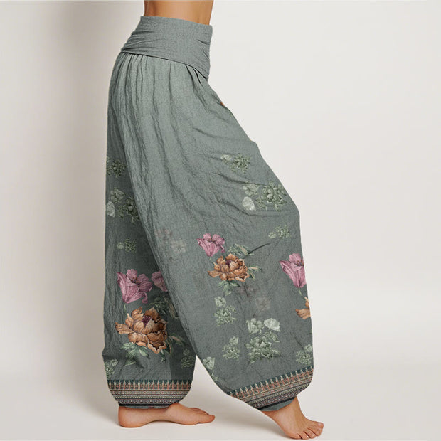 Buddha Stones Casual Plant Peony Petals Pattern Women's Elastic Waist Harem Pants - image 6
