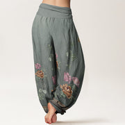 Buddha Stones Casual Plant Peony Petals Pattern Women's Elastic Waist Harem Pants