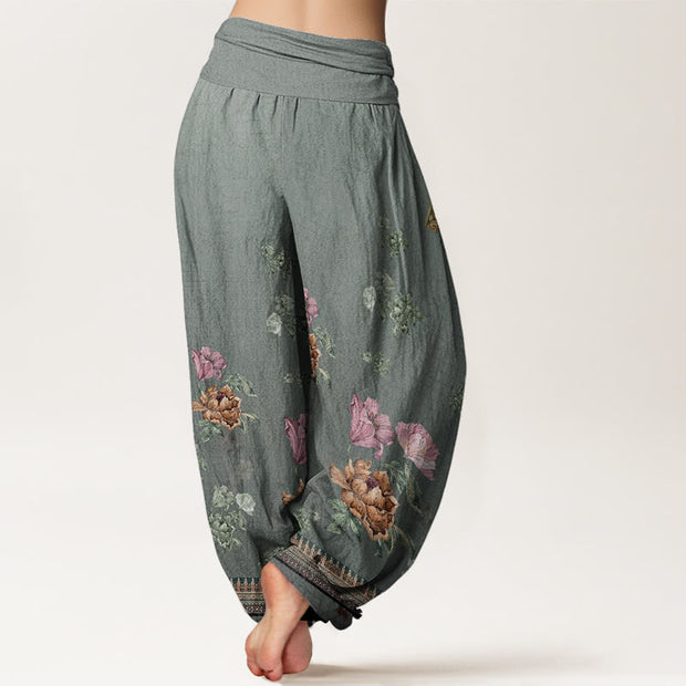 Buddha Stones Casual Plant Peony Petals Pattern Women's Elastic Waist Harem Pants