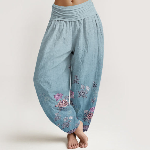 Buddha Stones Casual Plant Peony Petals Pattern Women's Elastic Waist Harem Pants - LightSkyBlue - US22，UK/AU26，EU54 (6XL) - image 8