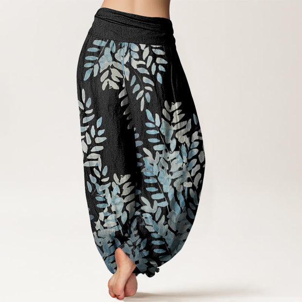 Buddha Stones Casual Plant Interlaced Leaves Pattern Women's Elastic Waist Harem Pants