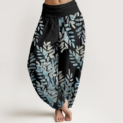 Buddha Stones Casual Plant Interlaced Leaves Pattern Women's Elastic Waist Harem Pants