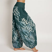 Buddha Stones Casual Plant Interlaced Leaves Pattern Women's Elastic Waist Harem Pants