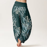 Buddha Stones Casual Plant Interlaced Leaves Pattern Women's Elastic Waist Harem Pants