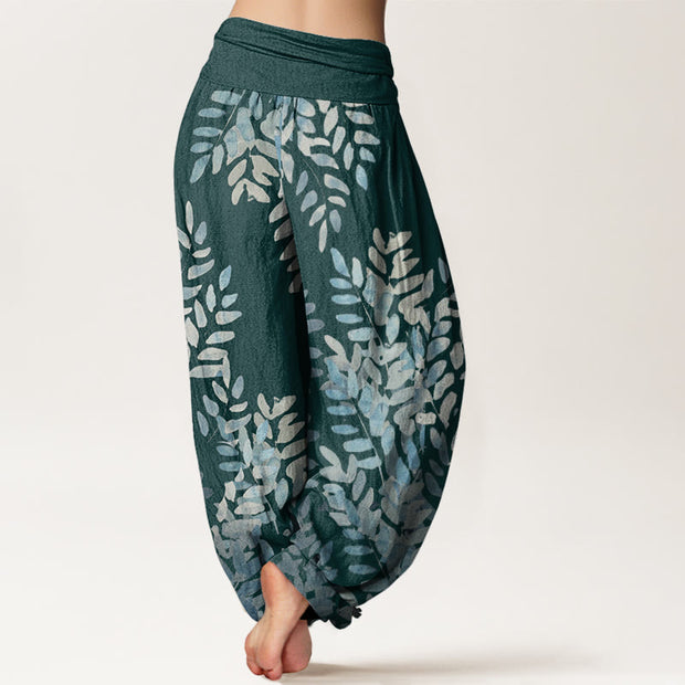 Buddha Stones Casual Plant Interlaced Leaves Pattern Women's Elastic Waist Harem Pants