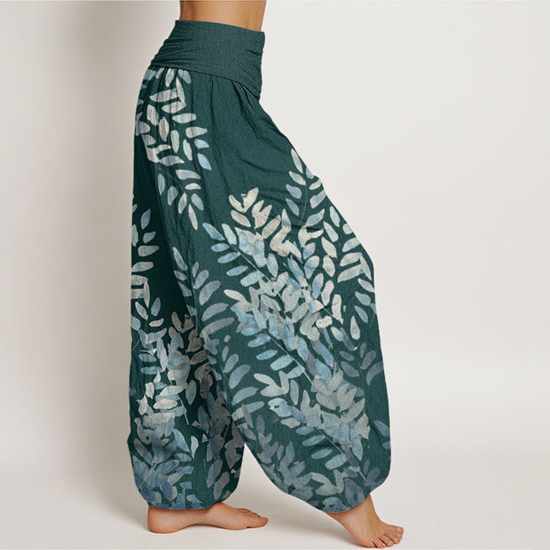 Buddha Stones Casual Plant Interlaced Leaves Pattern Women's Elastic Waist Harem Pants