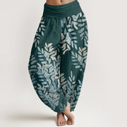 Buddha Stones Casual Plant Interlaced Leaves Pattern Women's Elastic Waist Harem Pants
