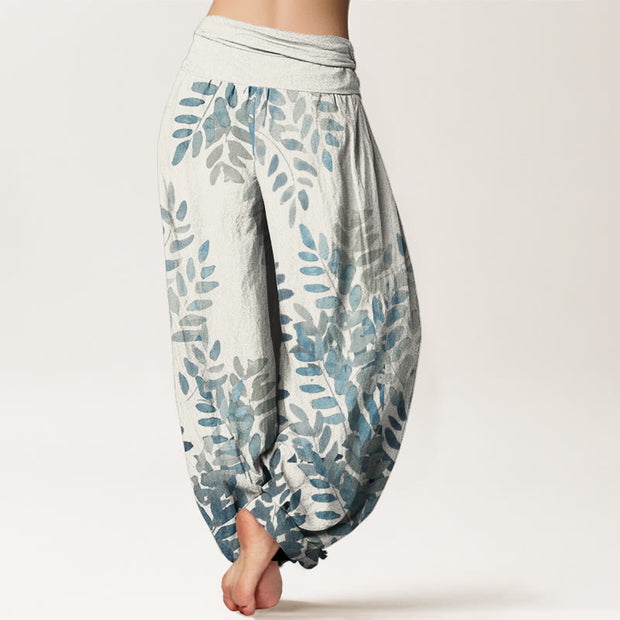 Buddha Stones Casual Plant Interlaced Leaves Pattern Women's Elastic Waist Harem Pants