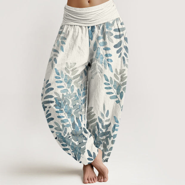 Buddha Stones Casual Plant Interlaced Leaves Pattern Women's Elastic Waist Harem Pants