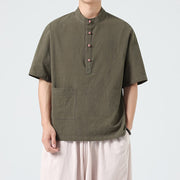 Buddha Stones Casual Half Frog-Button Design Stand Collar Tang Suit Men's Half Sleeve Cotton Shirt With Pocket