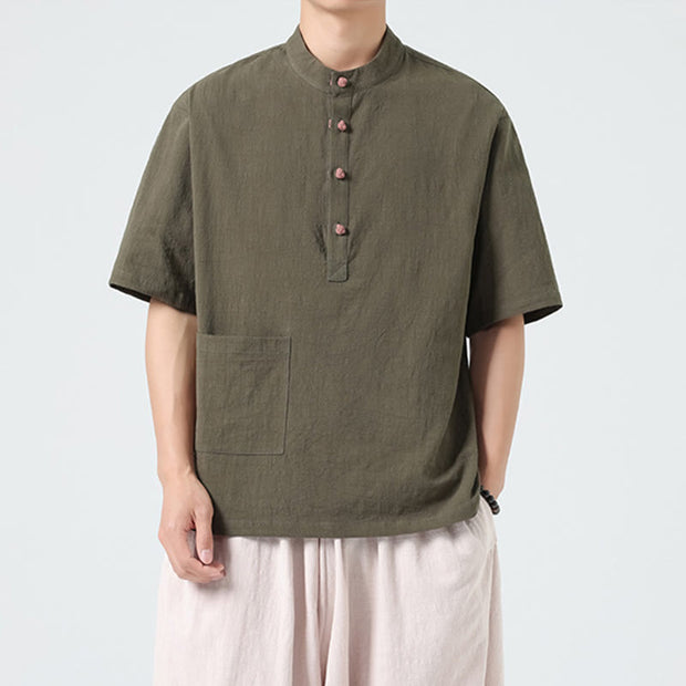 Buddha Stones Casual Half Frog-Button Design Stand Collar Tang Suit Men's Half Sleeve Cotton Shirt With Pocket
