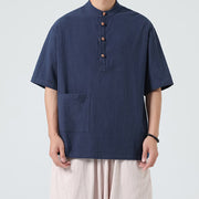 Buddha Stones Casual Half Frog-Button Design Stand Collar Tang Suit Men's Half Sleeve Cotton Shirt With Pocket