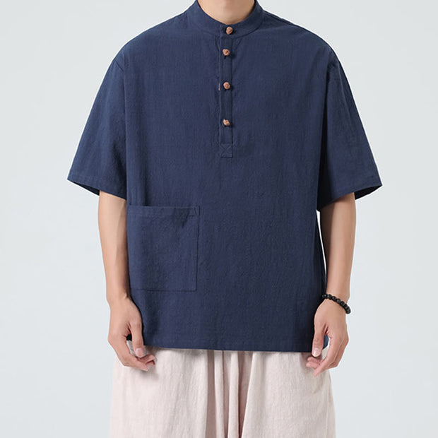 Buddha Stones Casual Half Frog-Button Design Stand Collar Tang Suit Men's Half Sleeve Cotton Shirt With Pocket