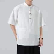 Buddha Stones Casual Half Frog-Button Design Stand Collar Tang Suit Men's Half Sleeve Cotton Shirt With Pocket
