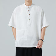 Buddha Stones Casual Half Frog-Button Design Stand Collar Tang Suit Men's Half Sleeve Cotton Shirt With Pocket