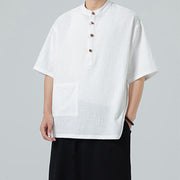 Buddha Stones Casual Half Frog-Button Design Stand Collar Tang Suit Men's Half Sleeve Cotton Shirt With Pocket