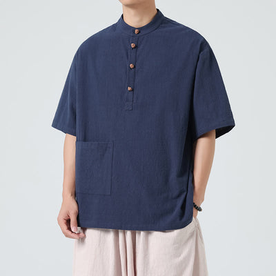 Buddha Stones Casual Half Frog-Button Design Stand Collar Tang Suit Men's Half Sleeve Cotton Shirt With Pocket