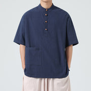 Buddha Stones Casual Half Frog-Button Design Stand Collar Tang Suit Men's Half Sleeve Cotton Shirt With Pocket