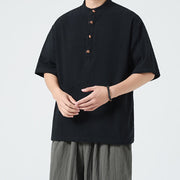 Buddha Stones Casual Half Frog-Button Design Stand Collar Tang Suit Men's Half Sleeve Cotton Shirt With Pocket