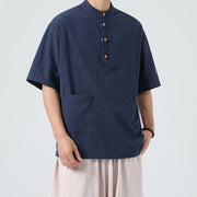 Buddha Stones Casual Half Frog-Button Design Stand Collar Tang Suit Men's Half Sleeve Cotton Shirt With Pocket