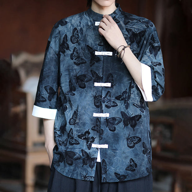 Buddha Stones Jacquard Butterfly Pattern White Frog-Button Design Stand Collar Men's Three Quarter Sleeve Cotton Shirt Cardigan