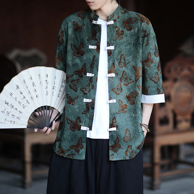 Buddha Stones Jacquard Butterfly Pattern White Frog-Button Design Stand Collar Men's Three Quarter Sleeve Cotton Shirt Cardigan