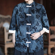 Buddha Stones Jacquard Butterfly Pattern White Frog-Button Design Stand Collar Men's Three Quarter Sleeve Cotton Shirt Cardigan