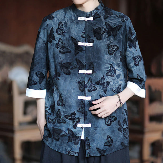 Buddha Stones Jacquard Butterfly Pattern White Frog-Button Design Stand Collar Men's Three Quarter Sleeve Cotton Shirt Cardigan