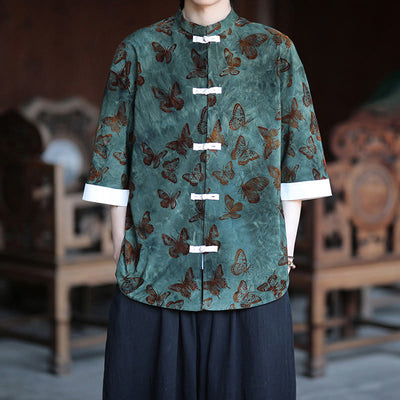 Buddha Stones Jacquard Butterfly Pattern White Frog-Button Design Stand Collar Men's Three Quarter Sleeve Cotton Shirt Cardigan